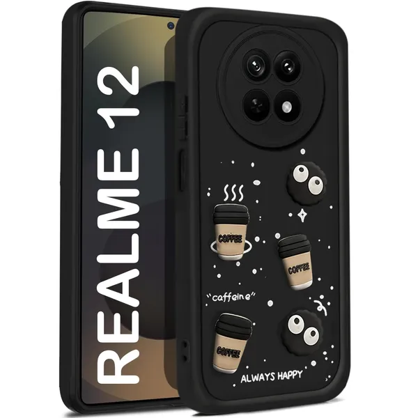 TRUEUPGRADE_Coffee_Case_for_Realme_12X_/_Realme_12_/_Realme_C65_/_Narzo_70X(5G)_|_Cute_3D_Cartoon_Ball_Design_|_Soft_Silicone_Back_Cover_for_Realme_12|_Full_Body_&_Camera_Protection_|_Black
