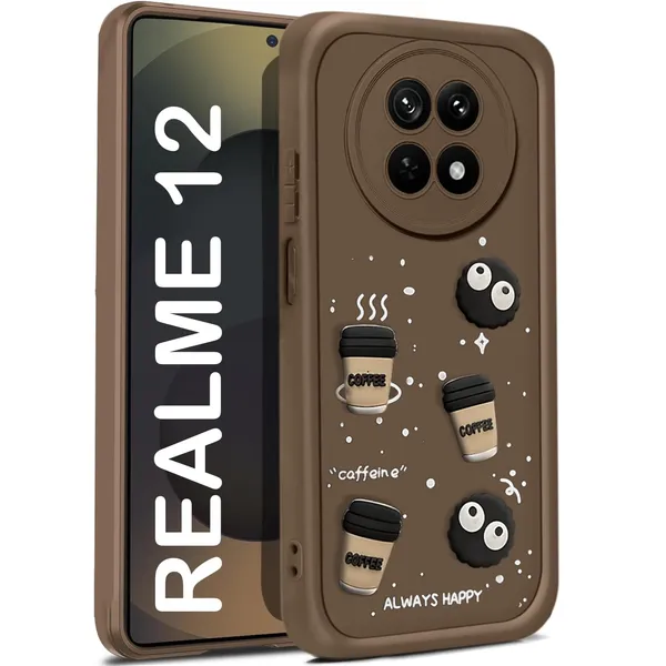 TRUEUPGRADE_Coffee_Case_for_Realme_12X_/_Realme_12_/_Realme_C65_/_Narzo_70X(5G)_|_Cute_3D_Cartoon_Ball_Design_|_Soft_Silicone_Back_Cover_for_Realme_12_|_Full_Body_&_Camera_Protection_|_Brown
