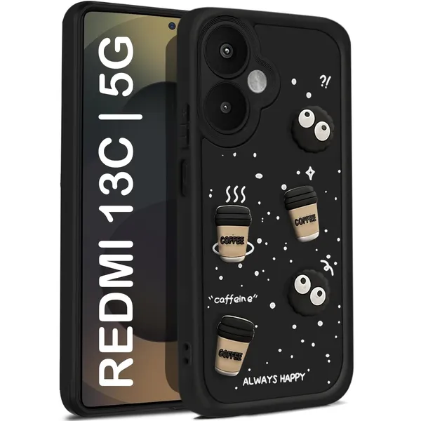 TRUEUPGRADE_Coffee_Case_for_Redmi_13C_5G_/_Poco_M6_5G_|_Cute_3D_Cartoon_Ball_Design_|_Soft_Silicone_Back_Cover_for_Redmi_13C_5G_/_Poco_M6_5G_|_Full_Body_&_Camera_Protection_|_Black