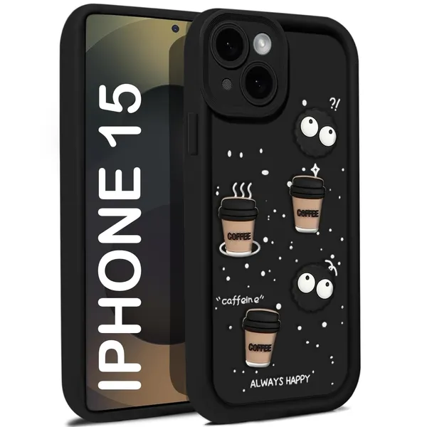 TRUEUPGRADE_Coffee_Case_for_iPhone_15_|_Cute_3D_Cartoon_Ball_Design_|_Soft_Silicone_Back_Cover_for_iPhone_15|_Full_Body_&_Camera_Protection_|_Black