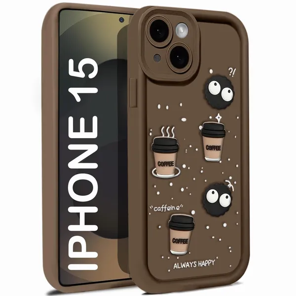 TRUEUPGRADE_Coffee_Case_for_iPhone_15_|_Cute_3D_Cartoon_Ball_Design_|_Soft_Silicone_Back_Cover_for_iPhone_15|_Full_Body_&_Camera_Protection_|_Black