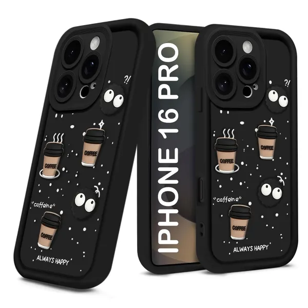 TRUEUPGRADE_Coffee_Case_for_iPhone_16_Pro_|_Cute_3D_Cartoon_Ball_Design_|_Soft_Silicone_Back_Cover_for_iPhone_16_Pro|_Full_Body_&_Camera_Protection_|_Black