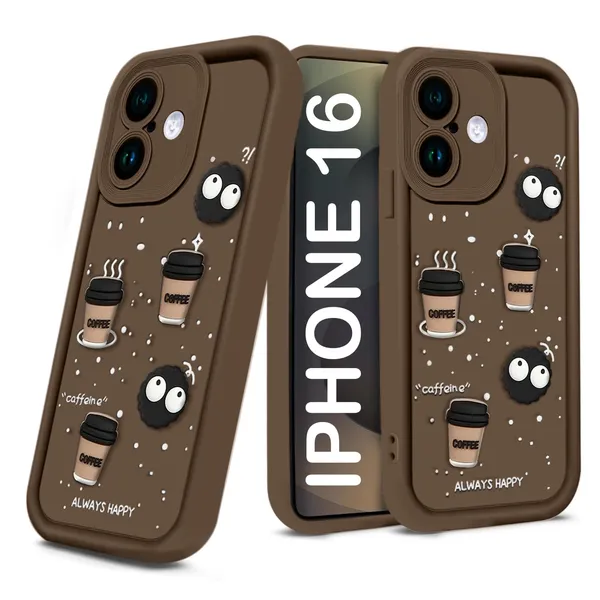 TRUEUPGRADE_Coffee_Case_for_iPhone_16_|_Cute_3D_Cartoon_Ball_Design_|_Soft_Silicone_Back_Cover_for_iPhone_16_|_Full_Body_&_Camera_Protection_|_Brown