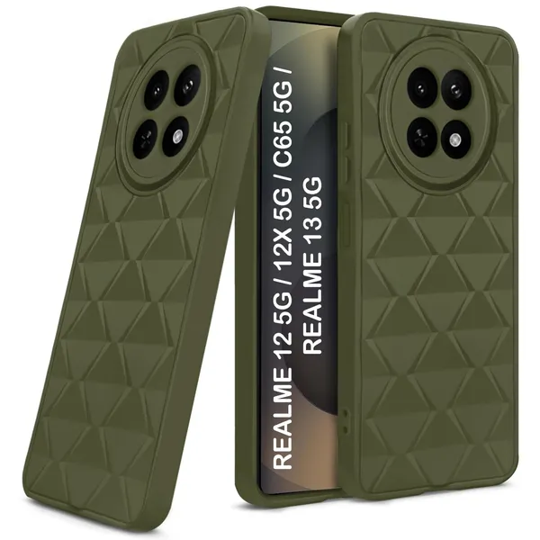 TRUEUPGRADE_Diamond_Cut-Out_Back_Case_Cover_for_Realme_12x_/12/_Realme_C65/Narzo_70x_(5G)_|_Stylish_&_Protective_Case_|_Silicone_Stylish_Back_Case_for_Realme_12x_/12/_Realme_C65_-_Military_Green