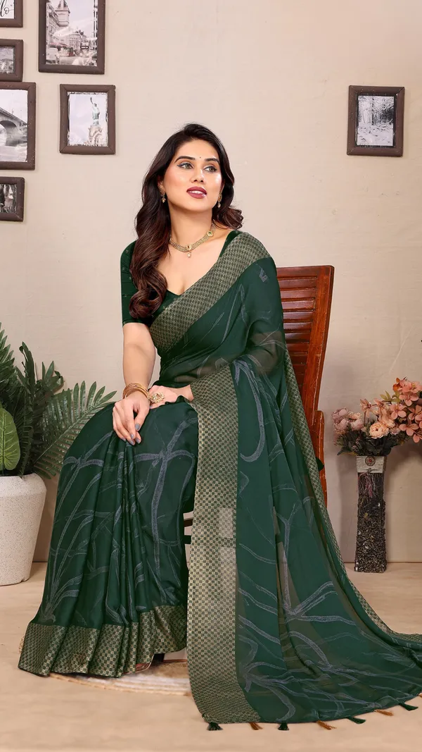 Dark_Green_Dull_Moss_Checks_Jari_Border_Padding_saree_For_Women_&_Girls