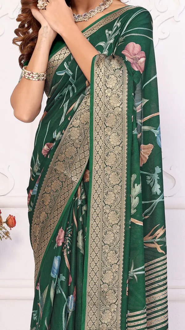 Dark_Green_Marshmello_Border_Floral_Printed_Saree_For_Women_&_Girls