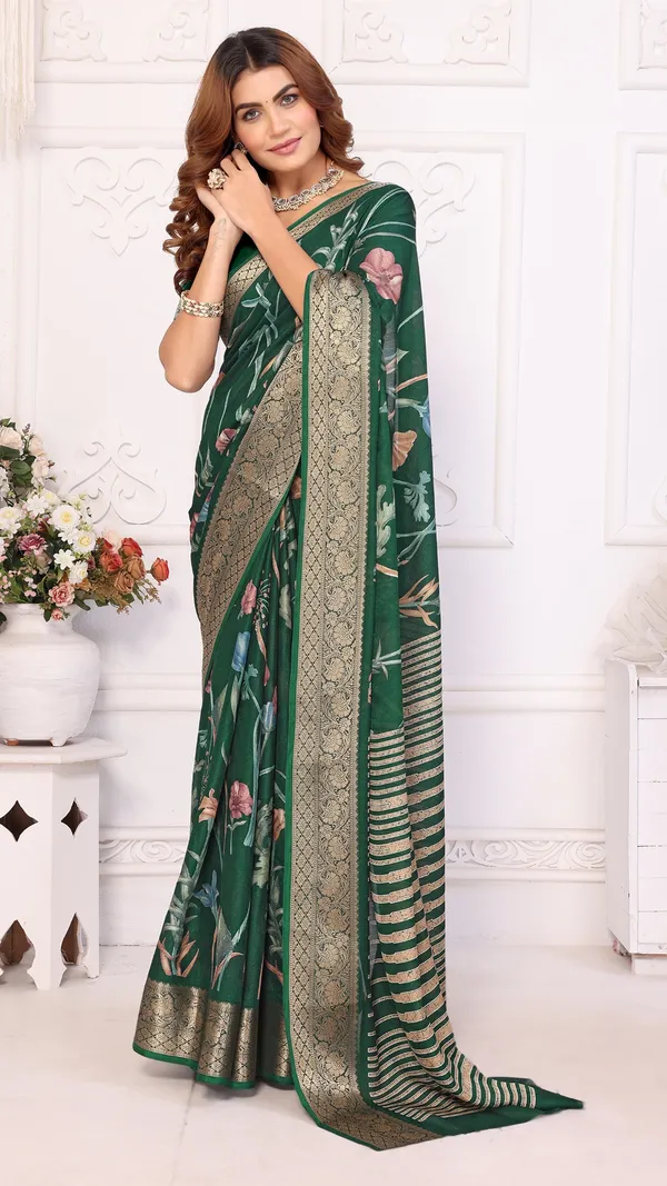 Dark_Green_Marshmello_Border_Floral_Printed_Saree_For_Women_&_Girls