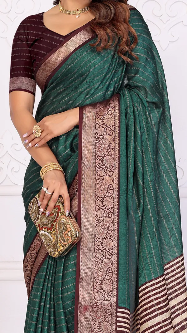 Dark_Green_Brown_Marshmello_Silk_Jacquard_Border_Padding_Printed_Saree_For_Women_&_Girls