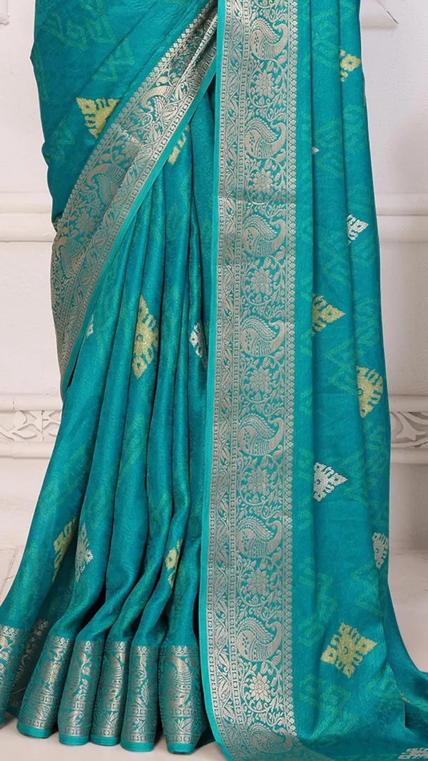 Teal_Marshmello_Jacquard_Border_Padding_Floral_Printed_Saree_For_Women_&_Girls
