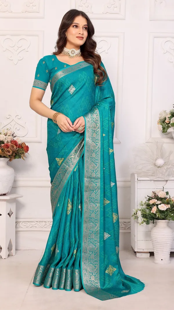 Teal_Marshmello_Jacquard_Border_Padding_Floral_Printed_Saree_For_Women_&_Girls