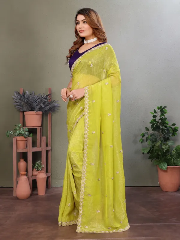 Lime_Yellow_Crunchy_Dyed_Moti_Stone_Handwork_Saree_For_Women_&_Girls