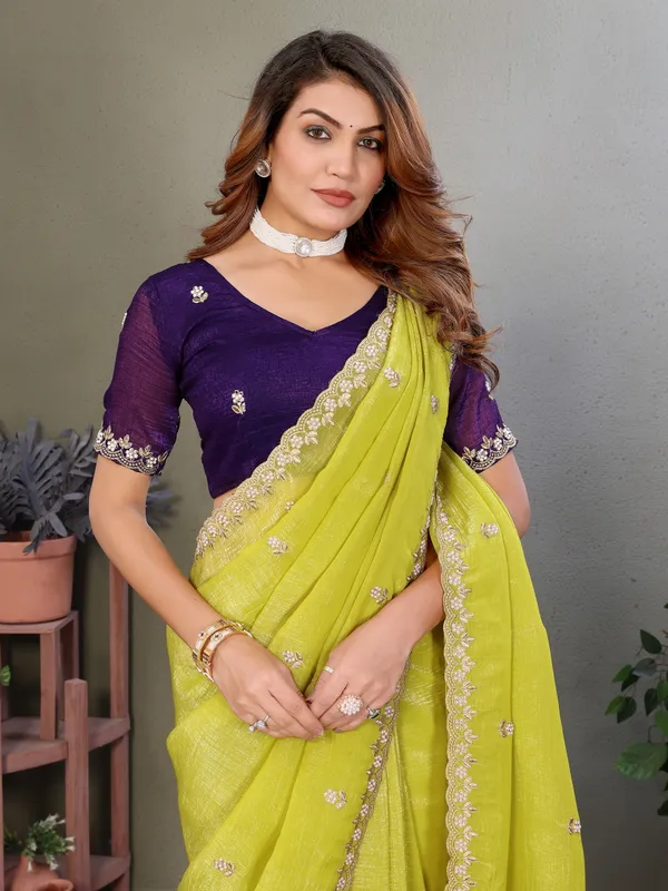Lime_Yellow_Crunchy_Dyed_Moti_Stone_Handwork_Saree_For_Women_&_Girls