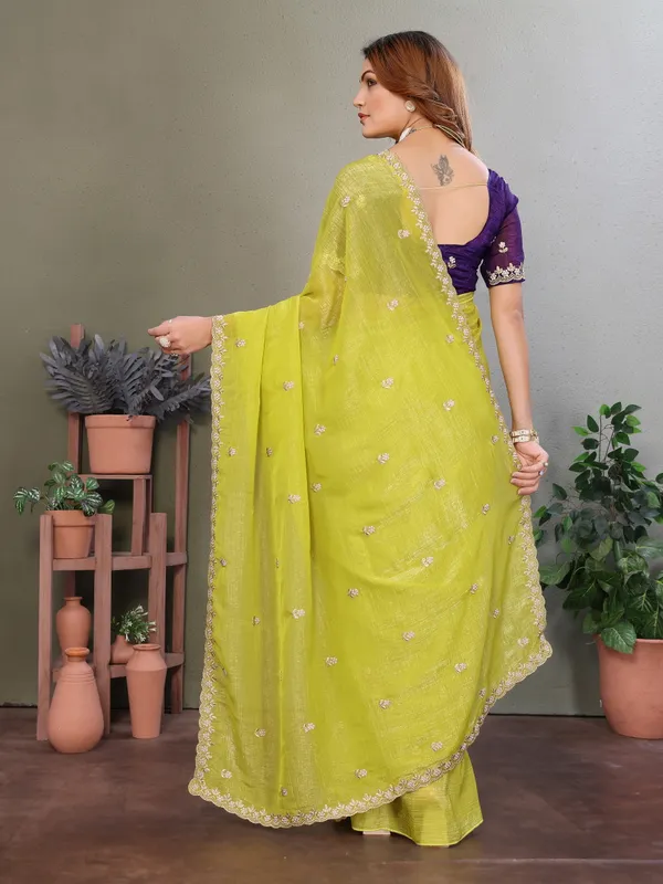 Lime_Yellow_Crunchy_Dyed_Moti_Stone_Handwork_Saree_For_Women_&_Girls
