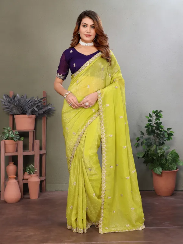 Lime_Yellow_Crunchy_Dyed_Moti_Stone_Handwork_Saree_For_Women_&_Girls