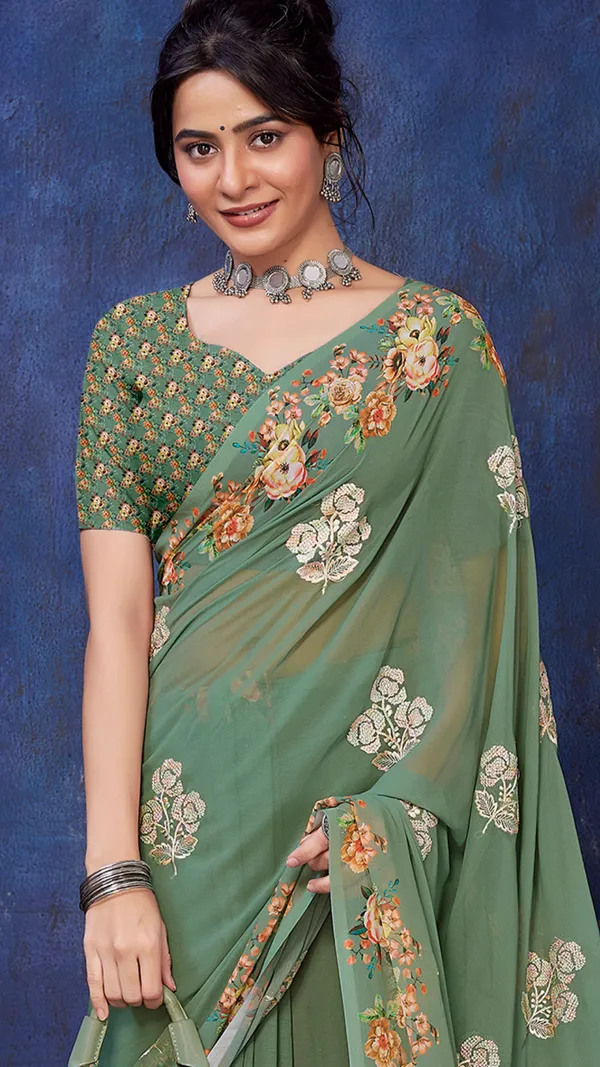 Olive_Green_Wetless_Digital_Floral_Printed_Floral_Thread_Work_saree_For_Women_&_Girls
