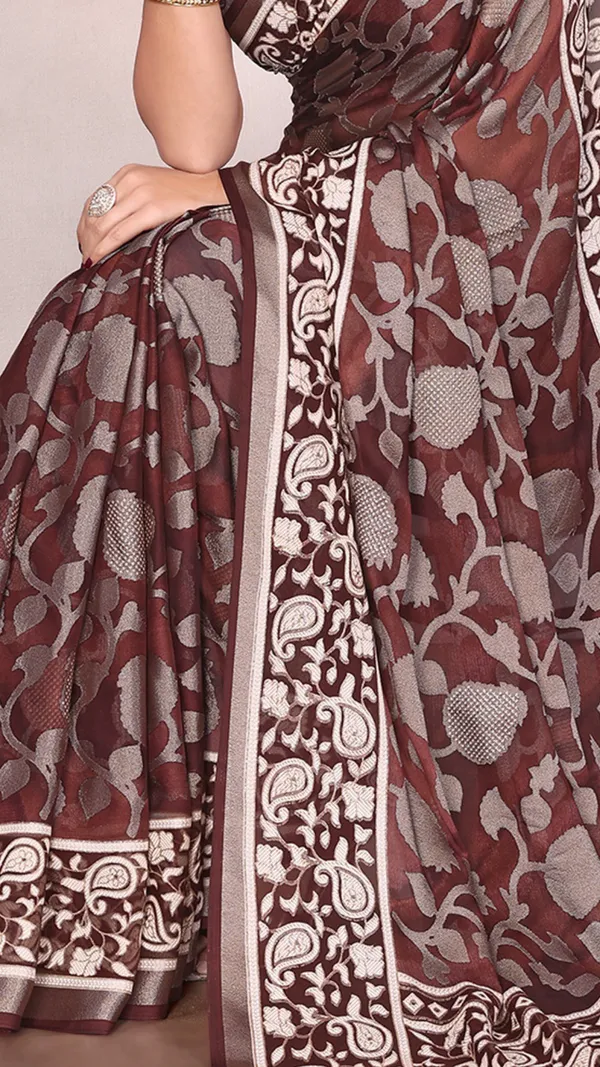 Dark_Brown_Moss_Brasso_Floral_Printed_Brasso_Border_Saree_For_Women_&_Girls