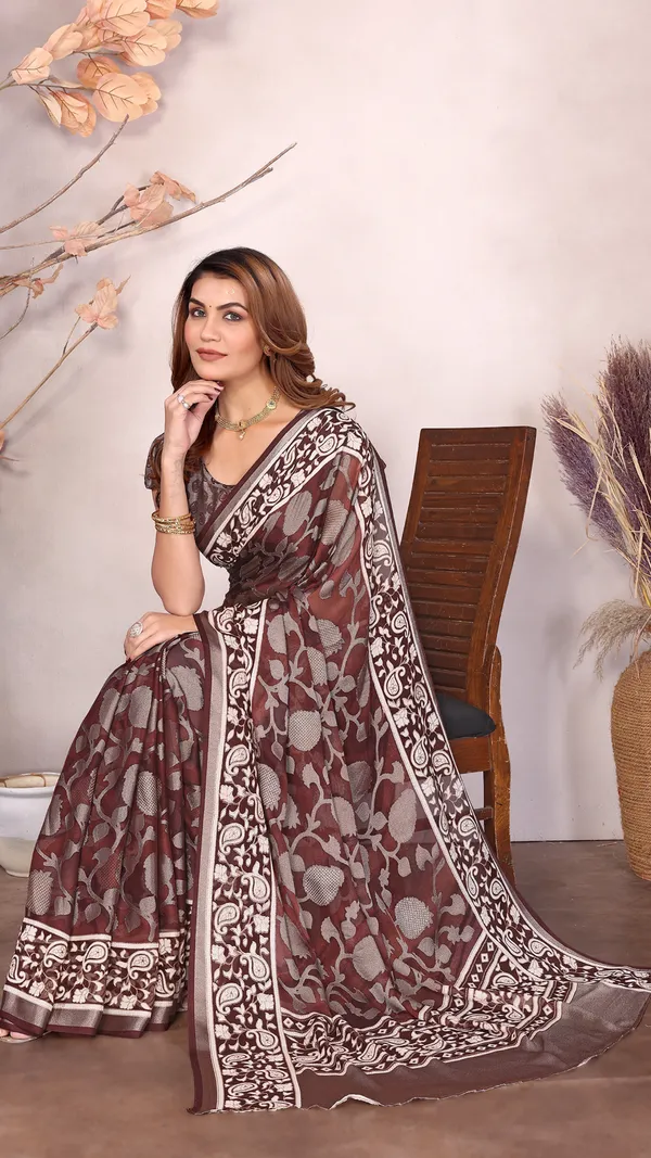 Dark_Brown_Moss_Brasso_Floral_Printed_Brasso_Border_Saree_For_Women_&_Girls
