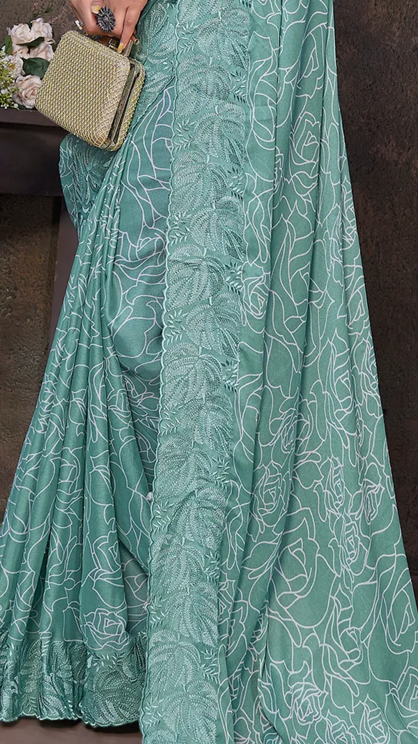 Dusty_Teal_Dull_Moss_Leaf_Printed_Thread_Embroidered_work_Pallu_saree_For_Women_&_Girls