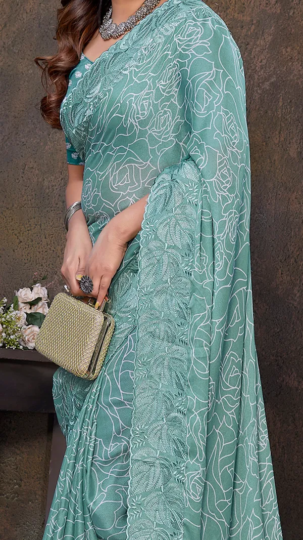 Dusty_Teal_Dull_Moss_Leaf_Printed_Thread_Embroidered_work_Pallu_saree_For_Women_&_Girls