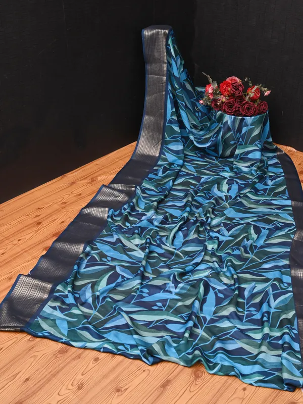 Teal_Blue_Dull_Moss_Jari_Border_Padding_Big_Leaf_Printed_saree_For_Women_&_Girls