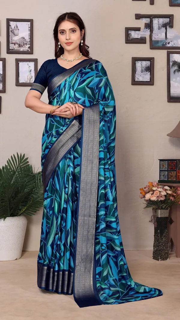 Teal_Blue_Dull_Moss_Jari_Border_Padding_Big_Leaf_Printed_saree_For_Women_&_Girls