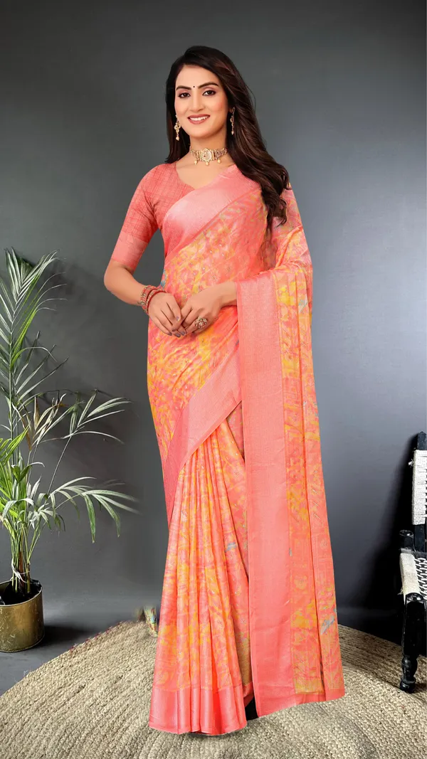 Peach_Dull_Moss_Satin_Pattern_Border_Padding_Geometric_Printed_Saree_For_Women_&_Girls