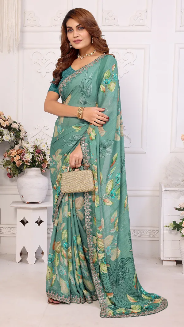 Green_Dull_Moss_Floral_Printed_Coding_Pallu_Saree_For_Women_&_Girls