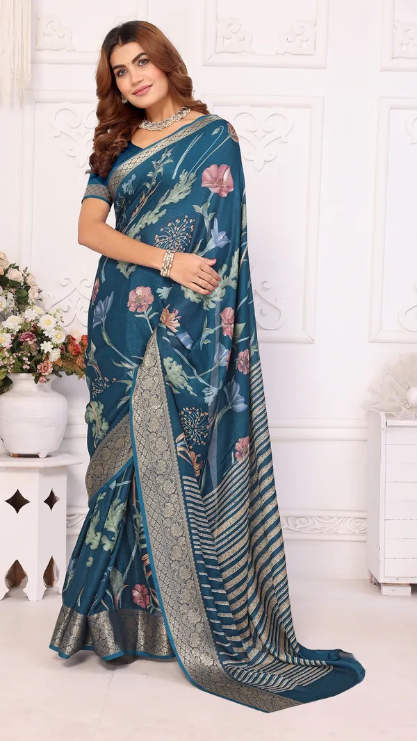 Dark_Blue_Marshmello_Border_Floral_Printed_Saree_For_Women_&_Girls