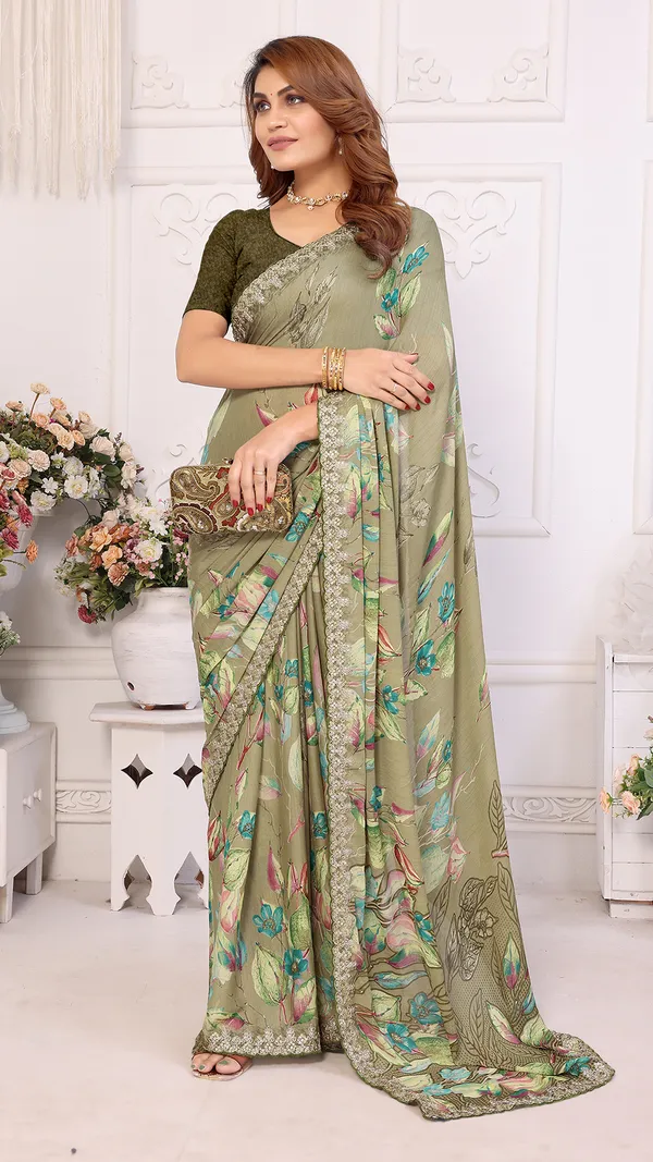 Dusty_Green_Dull_Moss_Floral_Printed_Coding_Pallu_Saree_For_Women_&_Girls