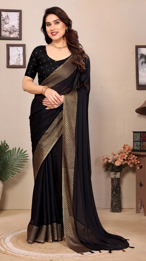 Black_Dull_Moss_Checks_Jari_Border_Padding_saree_For_Women_&_Girls