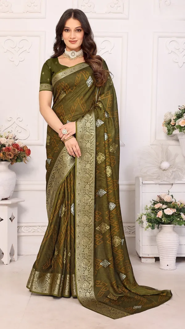 Mahendi_Green_Marshmello_Jacquard_Border_Padding_Floral_Printed_Saree_For_Women_&_Girls