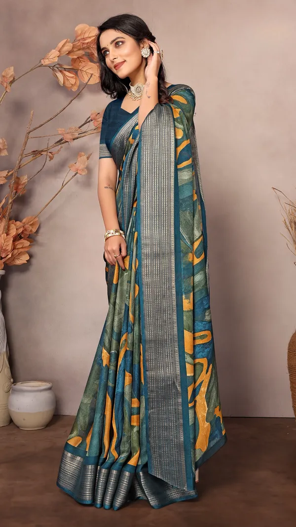Dark_Green_Dull_Moss_Jari_Border_Geometric_Printed_saree_For_Women_&_Girls