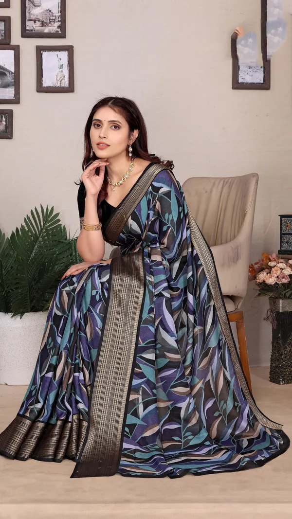 Black_Dull_Moss_Jari_Border_Padding_Big_Leaf_Printed_saree_For_Women_&_Girls
