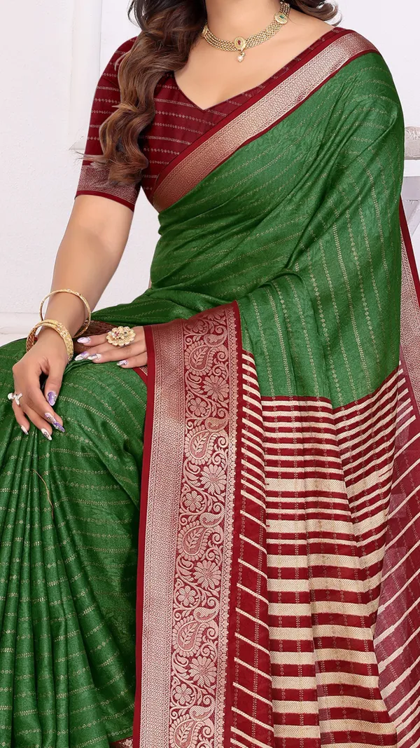 Leaf_Green_Red_Marshmello_Silk_Jacquard_Border_Padding_Printed_Saree_For_Women_&_Girls