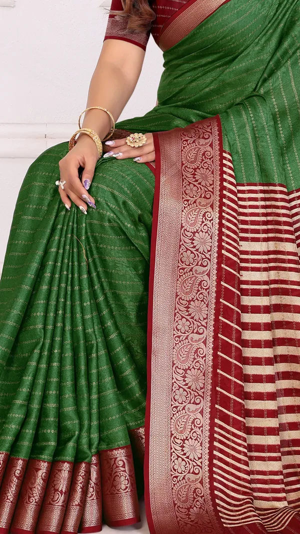 Leaf_Green_Red_Marshmello_Silk_Jacquard_Border_Padding_Printed_Saree_For_Women_&_Girls