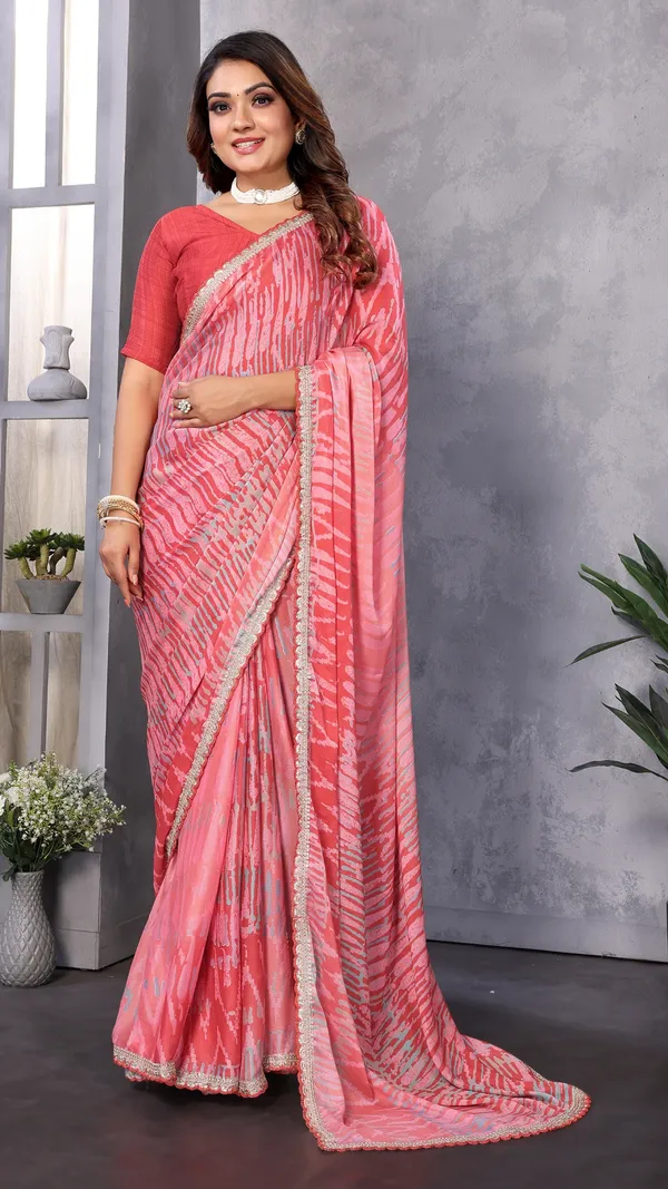Peach_Pink_Masakali_Geometric_Printed_Coding_Work_Saree_For_Women_&_Girls
