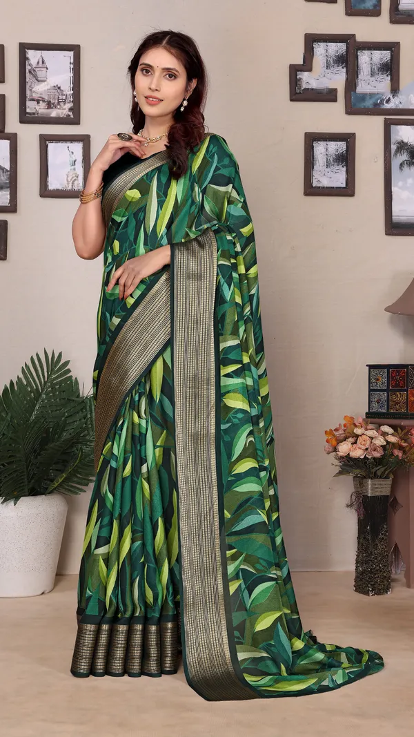 Dark_Green_Dull_Moss_Jari_Border_Padding_Big_Leaf_Printed_saree_For_Women_&_Girls