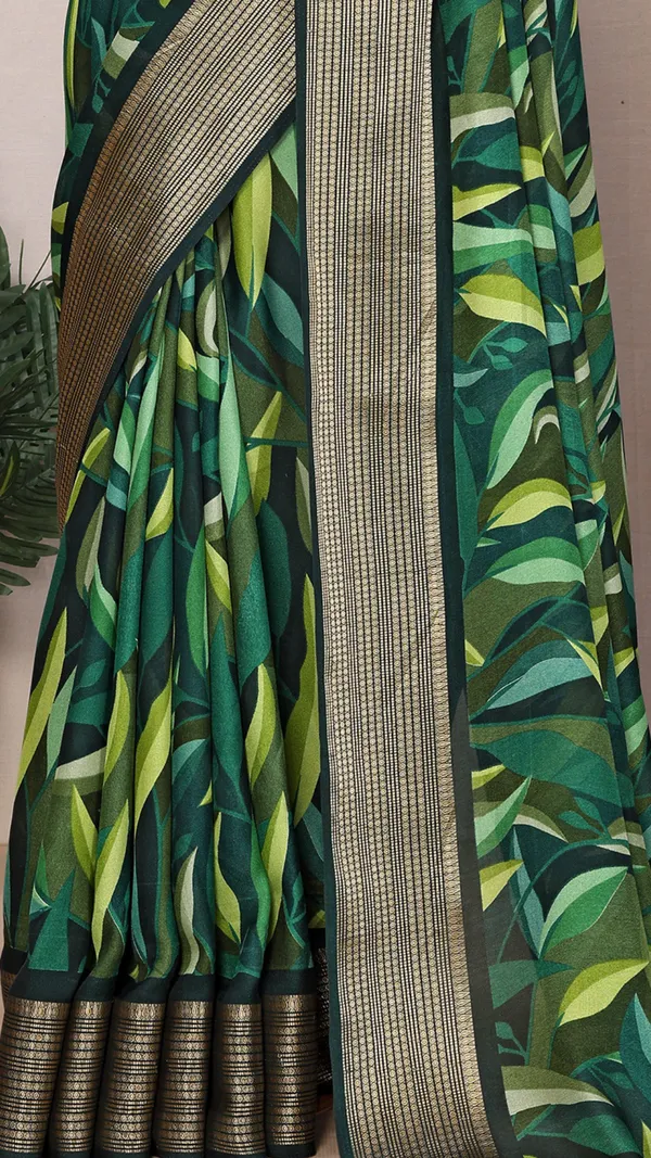 Dark_Green_Dull_Moss_Jari_Border_Padding_Big_Leaf_Printed_saree_For_Women_&_Girls