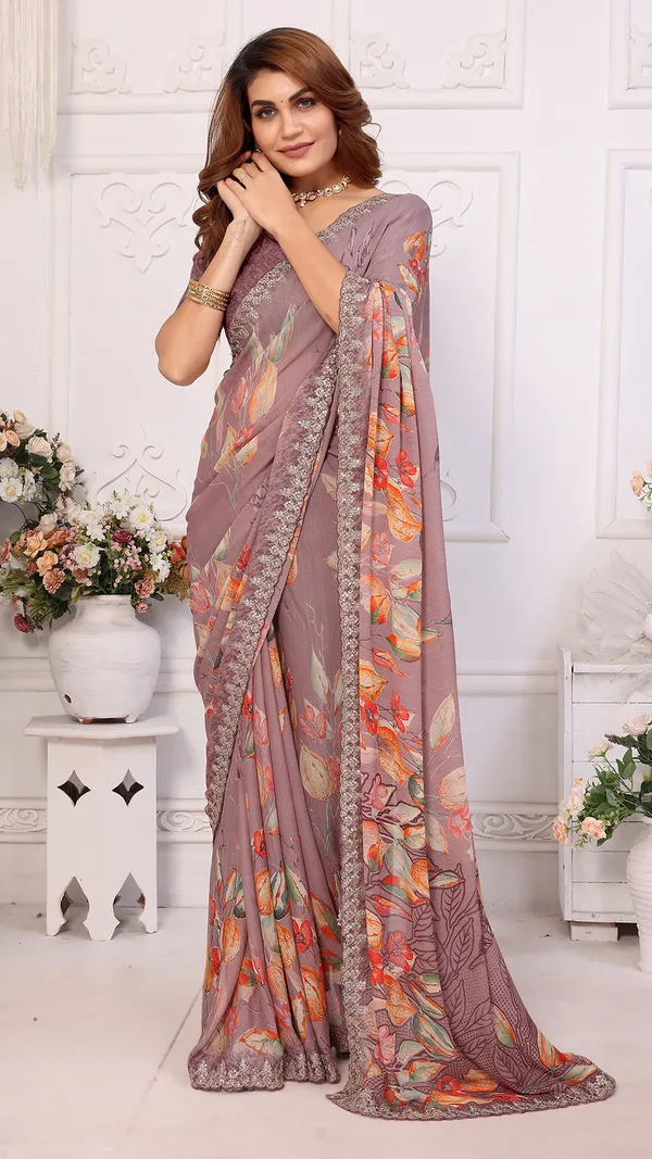 Brown_Dull_Moss_Floral_Printed_Coding_Pallu_Saree_For_Women_&_Girls