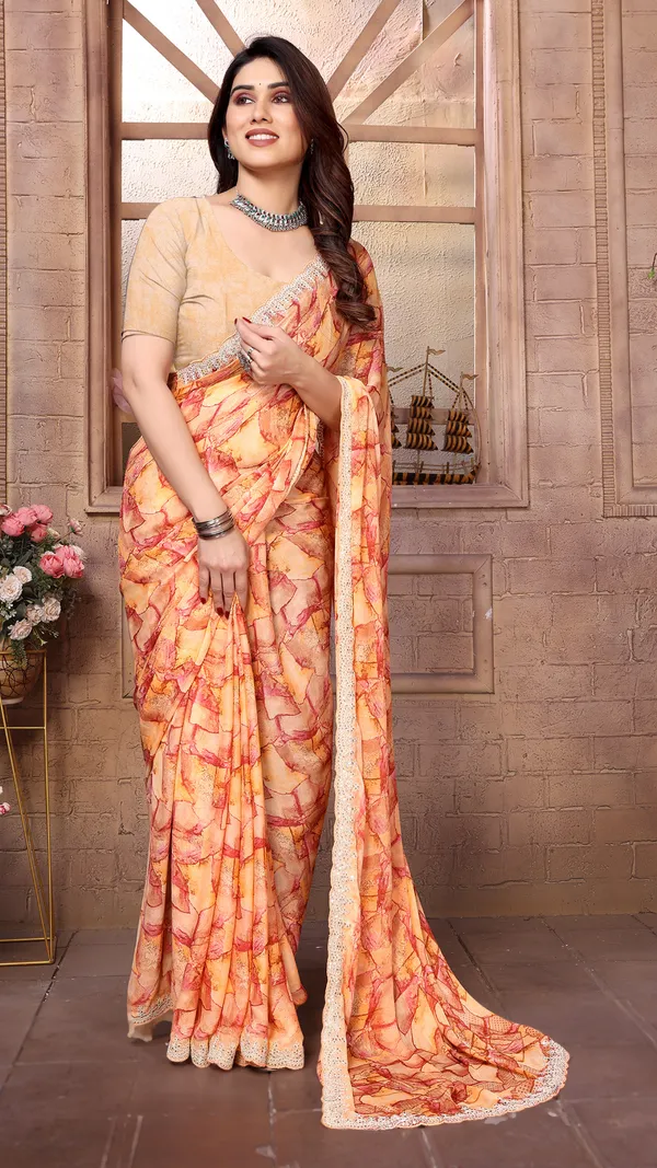 Orange_Georgette_Geometric_Printed_Coding_Work_saree_For_Women_&_Girls
