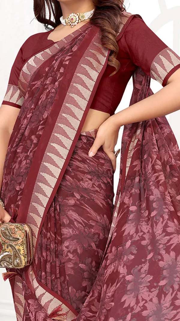 Maroon_Gerogette_Temple_Pattern_Border_Floral_Printed_Saree_For_Women_&_Girls
