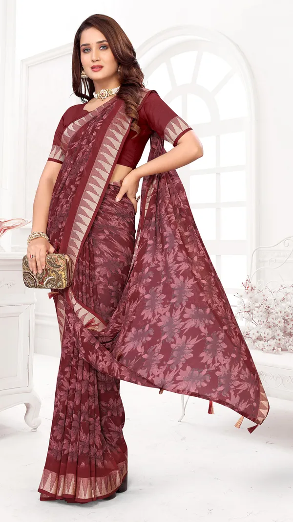 Maroon_Gerogette_Temple_Pattern_Border_Floral_Printed_Saree_For_Women_&_Girls