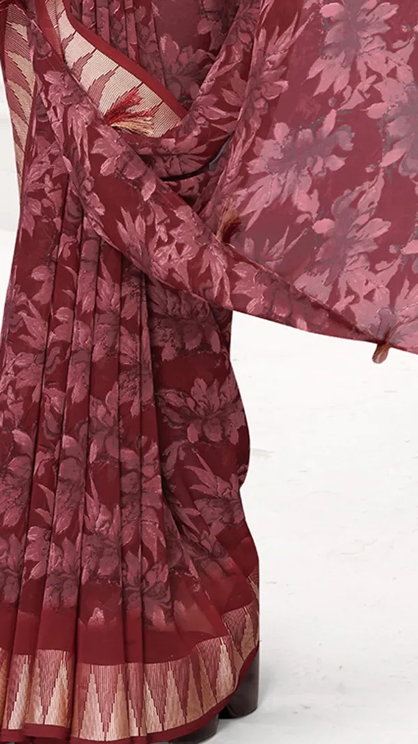 Maroon_Gerogette_Temple_Pattern_Border_Floral_Printed_Saree_For_Women_&_Girls