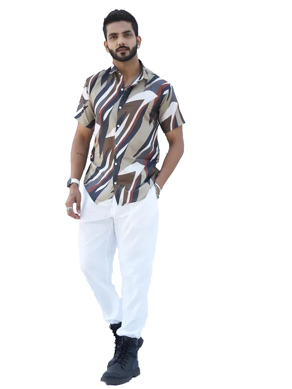 Khaki_Premium_Printed_Cotton_Blend_Casual_Shirt_For_Men