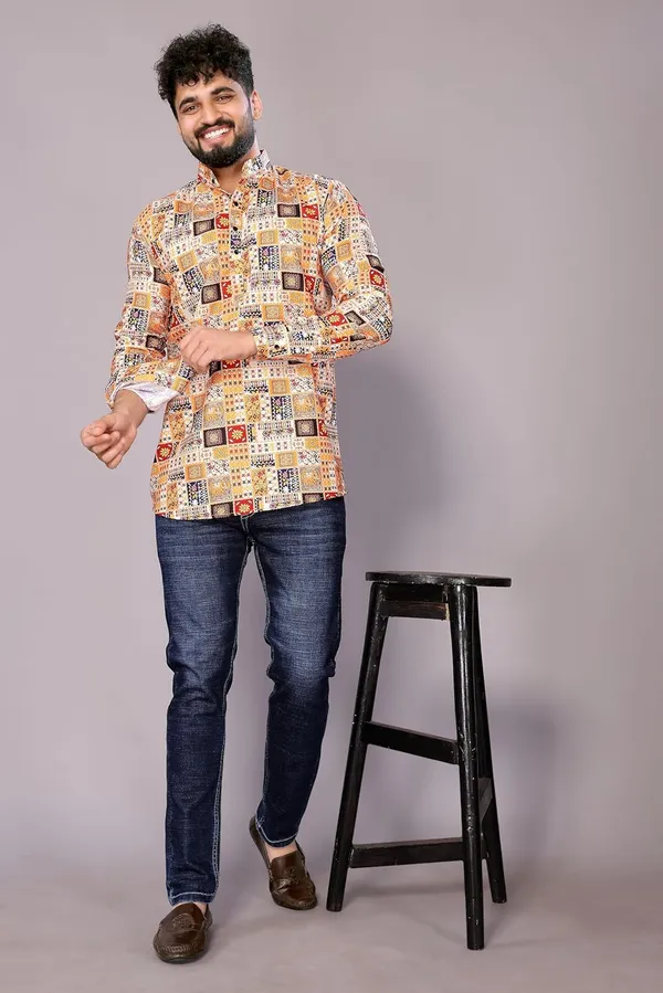 Mustard_Premium_Printed_Cotton_Blend_Kurta_For_Men