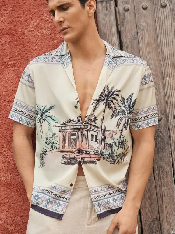 Cream_Premium_Cotton_Blend_Casual_Shirt_For_Men