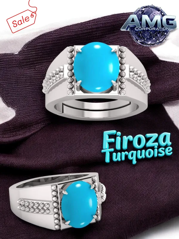 Firoza_Turquoise_Gemstone_Brass_Metal_Silver_Plated_Adjustable_Ring_Astrological_Purpose_For_Unisex