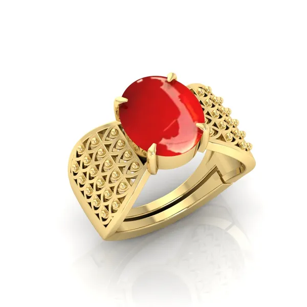 Moonga_Coral_Gemstone_Brass_Metal_Gold_Plated_Adjustable_Ring_Astrological_Purpose_For_Unisex