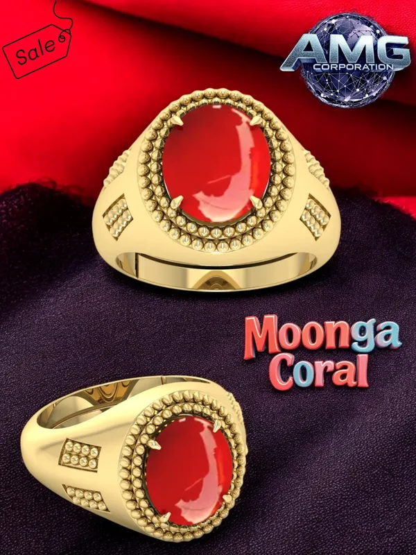 Moonga_Coral_Gemstone_Brass_Metal_Gold_Plated_Adjustable_Ring_Astrological_Purpose_For_Unisex