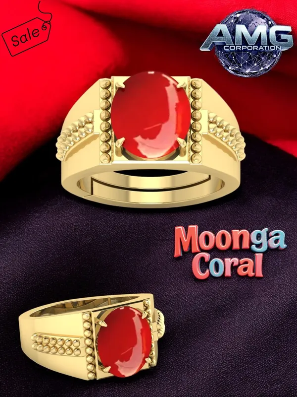 Moonga_Coral_Gemstone_Brass_Metal_Gold_Plated_Adjustable_Ring_Astrological_Purpose_For_Unisex
